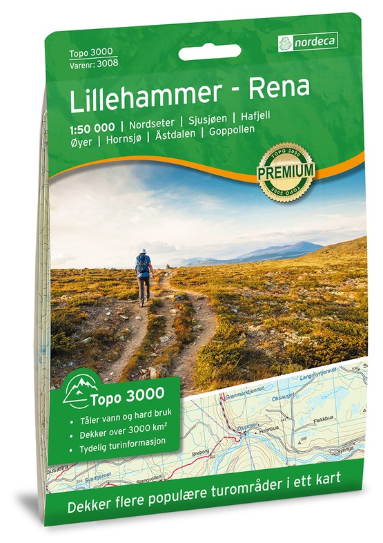 NO-3008  Lillehammer - Rena | topografische wandelkaart 1:50.000 7046660030080  Nordeca Topo 3000  Wandelkaarten Zuid-Noorwegen