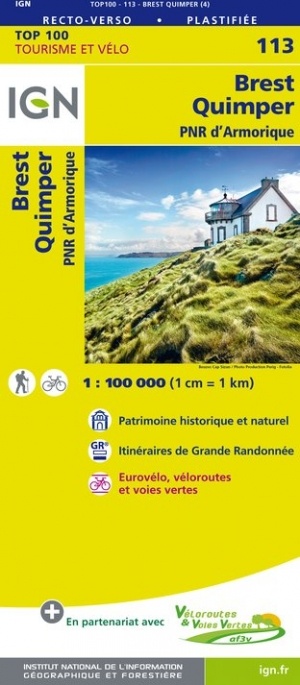 SV-113  Brest/Quimper | omgevingskaart / fietskaart 1:100.000 9782758543626  IGN Série Verte 1:100.000  Fietskaarten, Landkaarten en wegenkaarten Bretagne