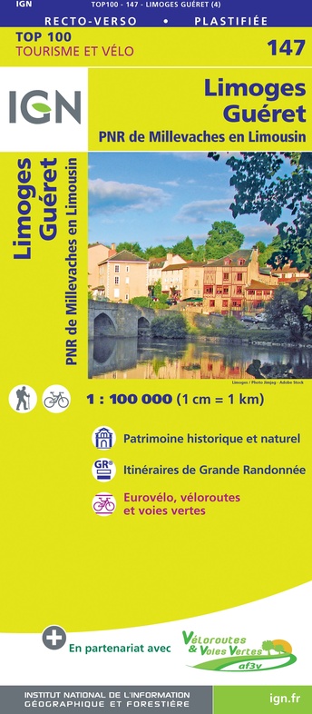 SV-147  Limoges, Guéret | omgevingskaart / fietskaart 1:100.000 9782758547631  IGN Série Verte 1:100.000  Fietskaarten, Landkaarten en wegenkaarten Creuse, Corrèze