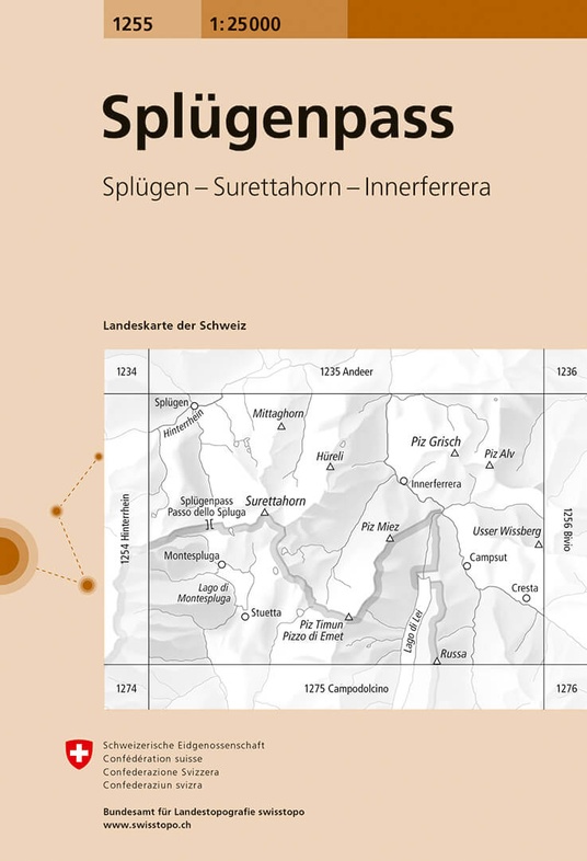 topografische wandelkaart CH-1255  Splügenpass [2018] 9783302012551  Bundesamt / Swisstopo LKS 1:25.000 Graubünden  Wandelkaarten Graubünden