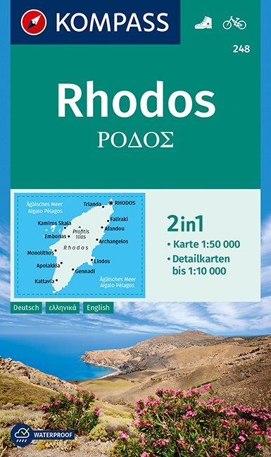 Kompass wandelkaart KP-248  wandelkaart / wegenkaart Rhodos 1:50.000 9783990447192  Kompass Wandelkaarten   Wandelkaarten Dodekanesos: Karpathos, Rhodos, Kos, etc.
