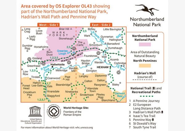 EXP-043  Hadrians Wall | wandelkaart 1:25.000 9780319263624  Ordnance Survey Explorer Maps 1:25t.  Wandelkaarten Noordoost-Engeland, Noordwest-Engeland