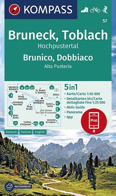 wandelkaart KP-57 Bruneck-Toblach Brunico-Dobbiaco 1:50.000 | Kompass 9783990447086  Kompass Wandelkaarten Kompass Zuid-Tirol, Dolomieten  Wandelkaarten Zuid-Tirol, Dolomieten
