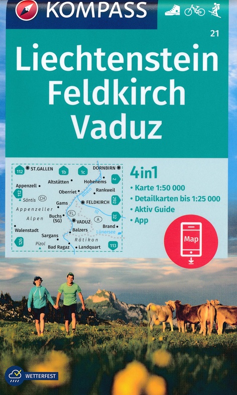wandelkaart KP-21 Feldkirch-Vaduz, Liechtenstein | Kompass 9783990446324  Kompass Wandelkaarten Kompass Oostenrijk  Wandelkaarten Vorarlberg