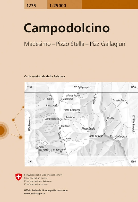 topografische wandelkaart CH-1275  Campodolcino [2014] 9783302012759  Bundesamt / Swisstopo LKS 1:25.000 Graubünden  Wandelkaarten Graubünden, Milaan, Lombardije, Italiaanse Meren
