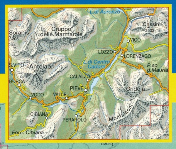 TAB-016 Dolomiti del Centro Cadore | Tabacco wandelkaart 9788883150166  Tabacco Tabacco 1:25.000  Wandelkaarten Zuid-Tirol, Dolomieten