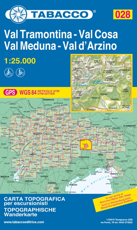 TAB-028  Val Tramontina/ Val Cosa/ Val d Arzino | Tabacco wandelkaart 9788883151200  Tabacco Tabacco 1:25.000  Wandelkaarten Veneto, Friuli