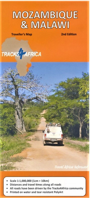 Mozambique traveller's map (wegenkaart) 1:1.000.000 9780992182977  Tracks4Africa   Landkaarten en wegenkaarten Angola, Zimbabwe, Zambia, Mozambique, Malawi