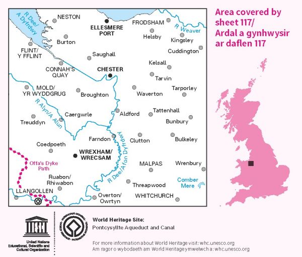 LR-117  Chester, Wrexham, Ellesmere Port | topografische wandelkaart 9780319262153  Ordnance Survey Landranger Maps 1:50.000  Wandelkaarten Midlands, Cotswolds