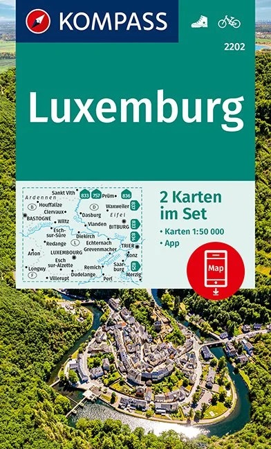 wandelkaart  KP-2202 Luxemburg (set van 2 kaarten) | Kompass 9783990446386  Kompass Wandelkaarten   Wandelkaarten Luxemburg