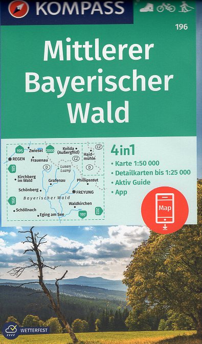 wandelkaart KP-196 Mittlerer Bayerischer Wald | Kompass 9783990448823  Kompass Wandelkaarten Kompass Beierse Woud  Wandelkaarten Beierse Woud, Regensburg, Passau