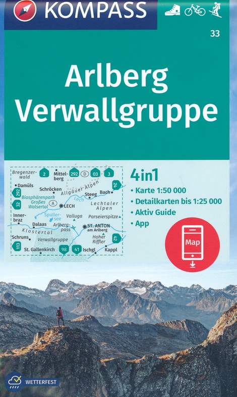 Kompass wandelkaart KP-33 Arlberg, Nördliche Verwallgruppe 1:50.000 9783990449417  Kompass Wandelkaarten Kompass Oostenrijk  Wandelkaarten Vorarlberg