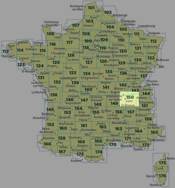 SV-150  Lyon, Villefranche-sur-Saône | omgevingskaart / fietskaart 1:100.000 9782758540847  IGN Série Verte 1:100.000  Fietskaarten, Landkaarten en wegenkaarten Lyon en omgeving