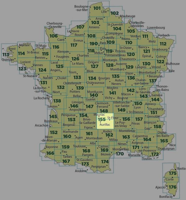 SV-155  Aurillac, St-Flour | omgevingskaart / fietskaart 1:100.000 9782758540854  IGN Série Verte 1:100.000  Fietskaarten, Landkaarten en wegenkaarten Auvergne