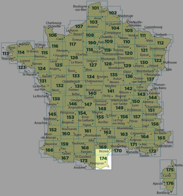 SV-174  Beziers, Perpignan, Carcassonne | omgevingskaart / fietskaart 1:100.000 9782758540908  IGN Série Verte 1:100.000  Fietskaarten, Landkaarten en wegenkaarten Franse Pyreneeën