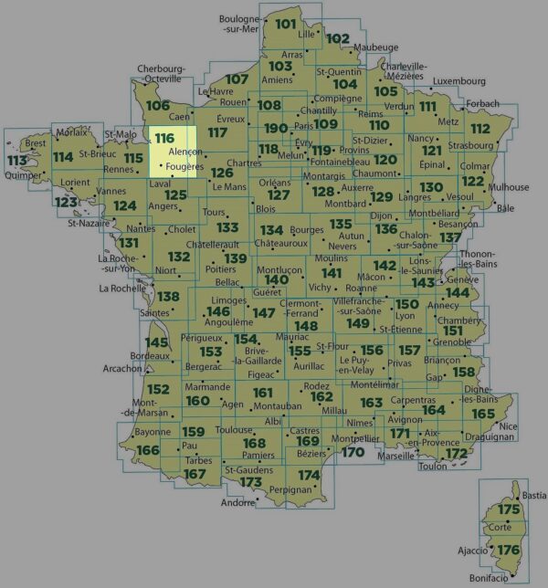 SV-116   Laval, Fougères | omgevingskaart / fietskaart 1:100.000 9782758543657  IGN Série Verte 1:100.000  Fietskaarten, Landkaarten en wegenkaarten Normandië