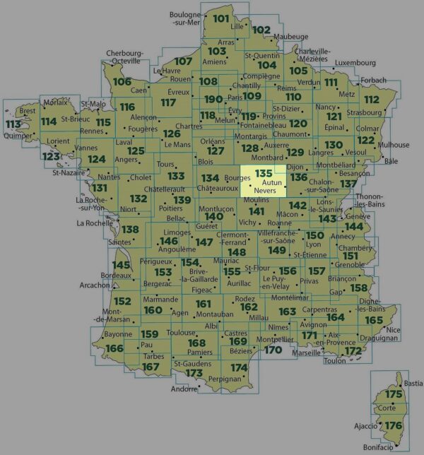 SV-135  Nevers, Autun | omgevingskaart / fietskaart 1:100.000 9782758543732  IGN Série Verte 1:100.000  Fietskaarten, Landkaarten en wegenkaarten Bourgogne