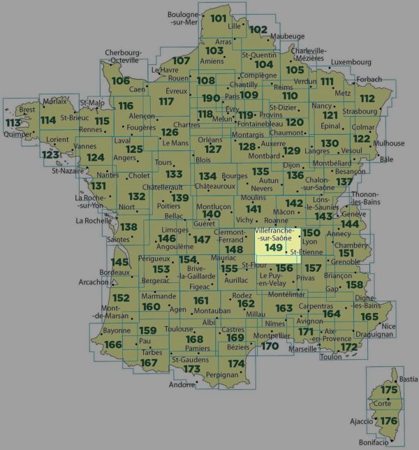 SV-149  Lyon, St-Étienne | omgevingskaart / fietskaart 1:100.000 9782758543794  IGN Série Verte 1:100.000  Fietskaarten, Landkaarten en wegenkaarten Lyon en omgeving