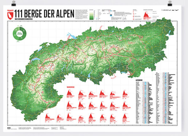 111 Alpenberge | wandkaart van de Alpen 9783946719106  Marmota Maps   Wandkaarten Zwitserland en Oostenrijk (en Alpen als geheel)