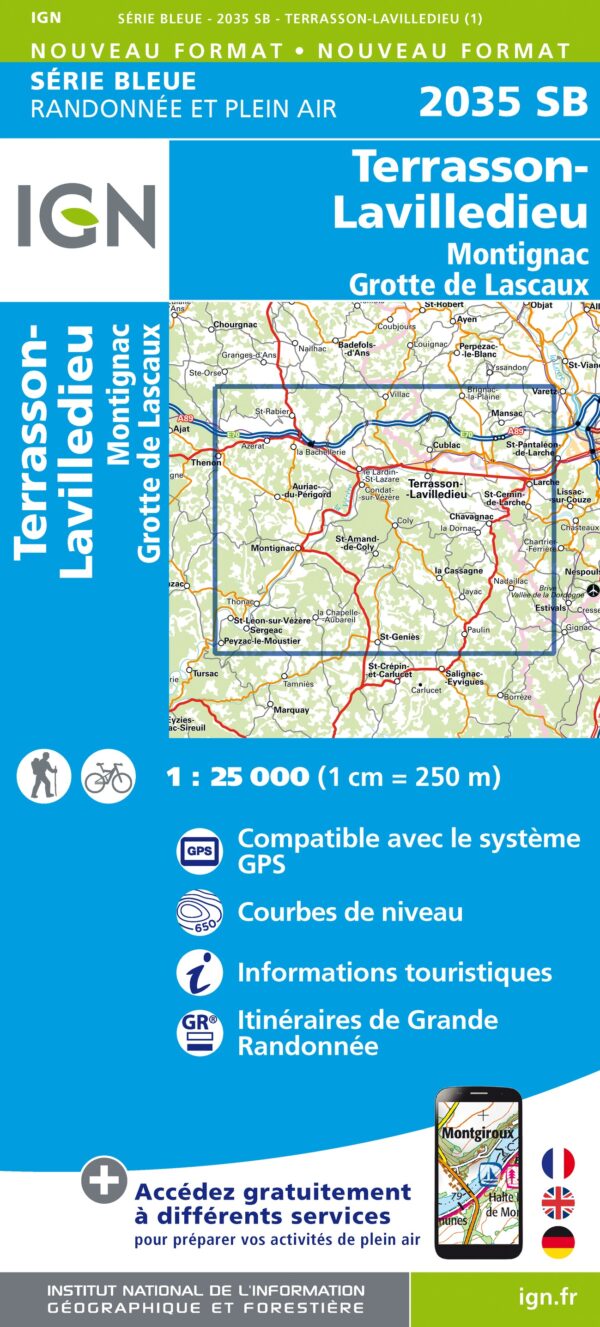 wandelkaart 2035-SB Terrasson-Lavilledieu 1:25.000 9782758548300  IGN IGN 25 Aquitaine  Wandelkaarten Dordogne