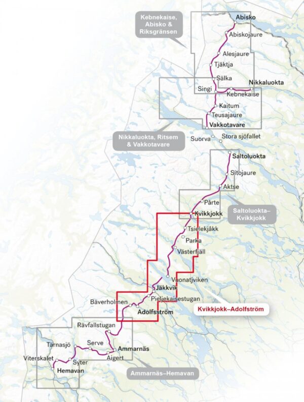 CAL-051  Kungsleden: traject Kvikkjokk–Adolfström wandelkaart 1:50.000 9789188779939  Calazo Calazo Zweeds Lapland  Meerdaagse wandelroutes, Wandelkaarten Zweeds-Lapland (Norrbottens Län)