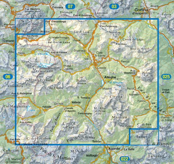 TAB-015  Marmolada, Pelmo, Civetta, Moiazza | Tabacco wandelkaart 9788883151583  Tabacco Tabacco 1:25.000  Wandelkaarten Zuid-Tirol, Dolomieten