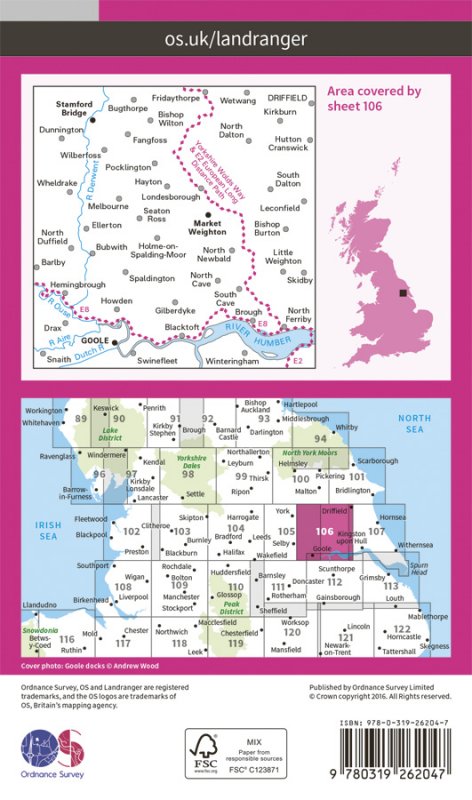 LR-106  Market Weighton | topografische wandelkaart 9780319262047  Ordnance Survey Landranger Maps 1:50.000  Wandelkaarten Noordoost-Engeland