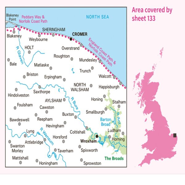 LR-133  North East Norfolk, Cromer + Wroxham | topografische wandelkaart 9780319263563  Ordnance Survey Landranger Maps 1:50.000  Wandelkaarten Oost-Engeland