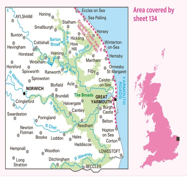 LR-134  Norwich + The Broads, Great Yarmouth | topografische wandelkaart 9780319263570  Ordnance Survey Landranger Maps 1:50.000  Wandelkaarten Oost-Engeland