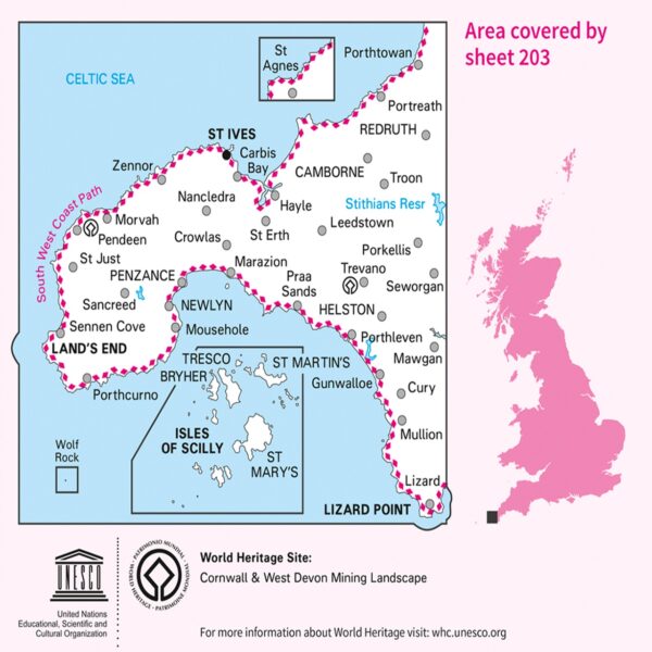 LR-203  Land's End, Isles of Scilly | topografische wandelkaart 9780319263952  Ordnance Survey Landranger Maps 1:50.000  Wandelkaarten West Country