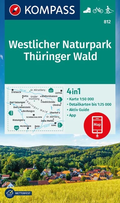 Kompass wandelkaart KP-812  Thüringer Wald West 1:50.000 9783991216889  Kompass Wandelkaarten Kompass Thüringen  Wandelkaarten Thüringen, Weimar, Rennsteig