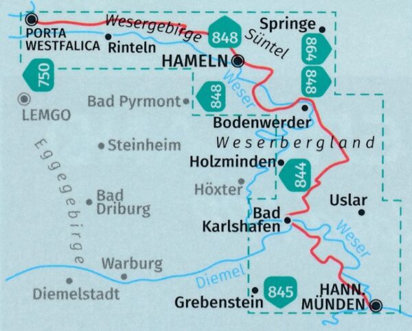 Kompass wandelkaart KP-819 Weserbergland-Weg 9783991217107  Kompass Wandelkaarten Kompass Duitsland  Meerdaagse wandelroutes, Wandelkaarten Bremen, Ems, Weser, Hannover & overig Niedersachsen