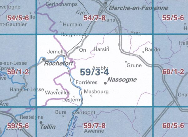 NGI-59/3-4  Rochefort-Nassogne | topografische wandelkaart 1:25.000 9789462355262  Nationaal Geografisch Instituut NGI Wallonië 1:25.000  Wandelkaarten Wallonië (Ardennen)