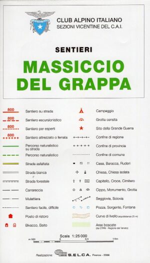 wandelkaart Grappa-Massief - Massiccio del Grappa 1:25.000 8052275704628  S.E.L.C.A. Club Alpino Italiano  Wandelkaarten Veneto, Friuli