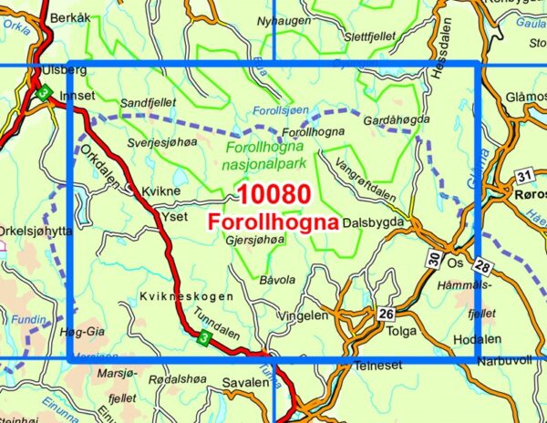 Topografische wandelkaart 10080 Forollhogna 1:50,000 7071940100801  Nordeca Norge Serien 1:50,000  Wandelkaarten Midden-Noorwegen