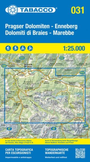 TAB-031 Dolimiti di Braies | Tabacco wandelkaart 9788883151736  Tabacco Tabacco 1:25.000  Wandelkaarten Zuid-Tirol, Dolomieten