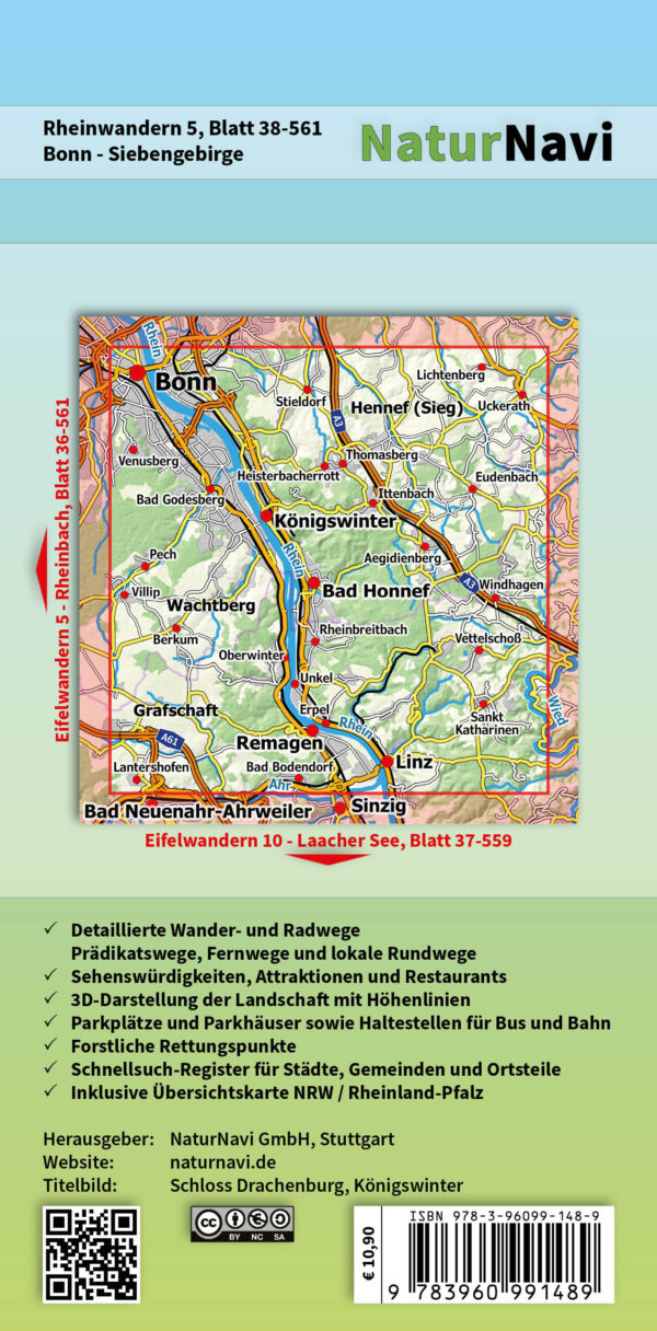 NaturNavi 38-561 wandelkaart Rheinwandern 5 (Bonn, Siebengebirge) 1:25.000 9783960991489  NaturNavi Wanderkarten mit Radwegen  Wandelkaarten Mittelrhein, Lahn, Westerwald
