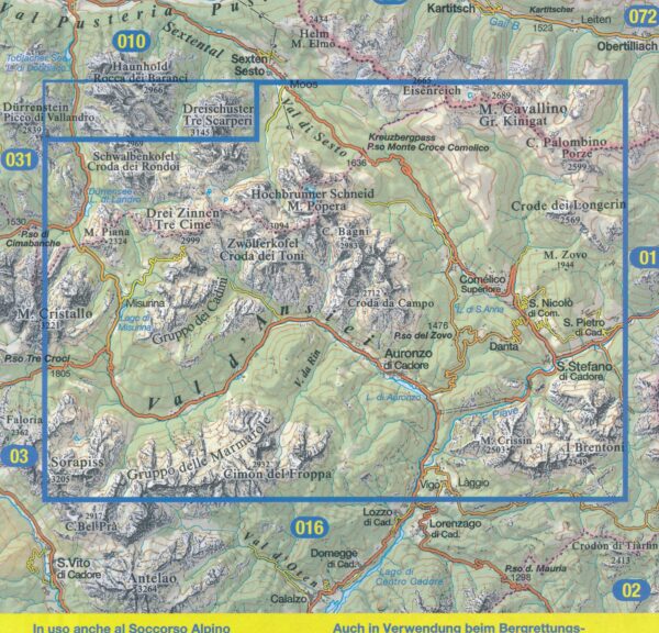 TAB-017  Dolomiti di Auronzo e del Comelico | Tabacco wandelkaart 9788883151699  Tabacco Tabacco 1:25.000  Wandelkaarten Zuid-Tirol, Dolomieten