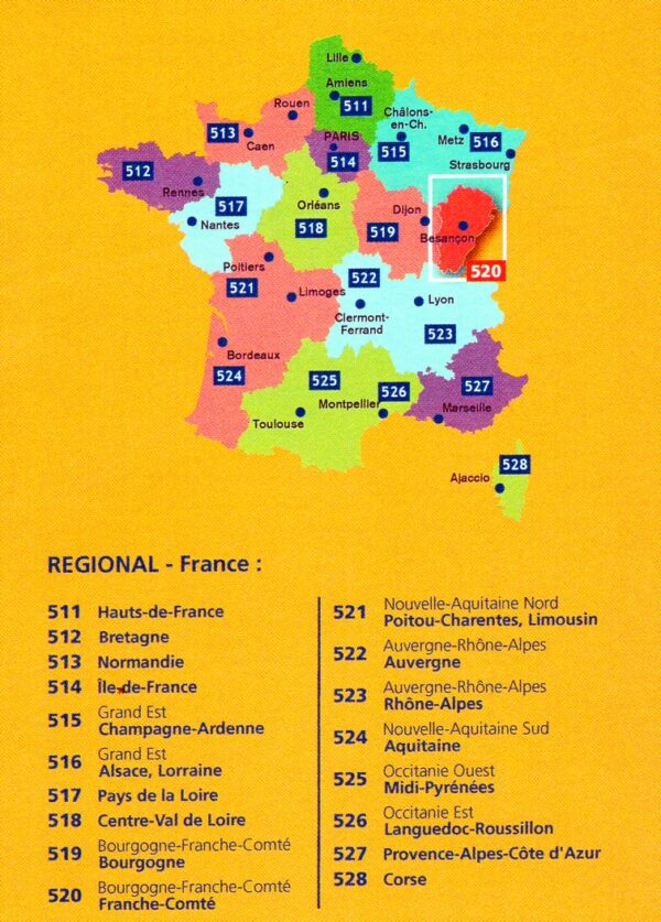 520 Franche-Comté | Michelin  wegenkaart, autokaart 1:200.000 9782067262485  Michelin Regionale kaarten  Landkaarten en wegenkaarten Franse Jura