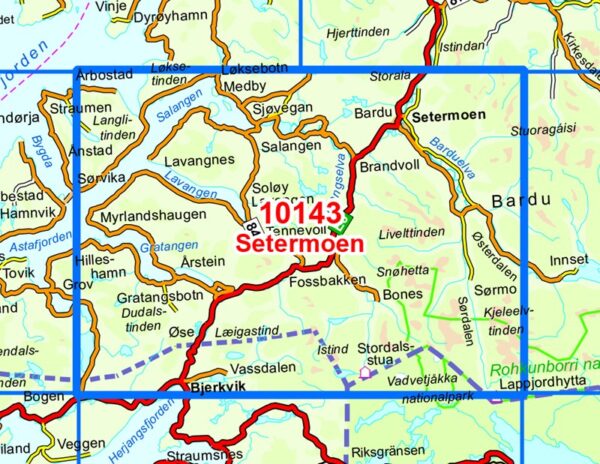 Topografische wandelkaart 10143 Setermoen 1:50.000 7071940101433  Nordeca Norge Serien  Wandelkaarten Noors Lapland