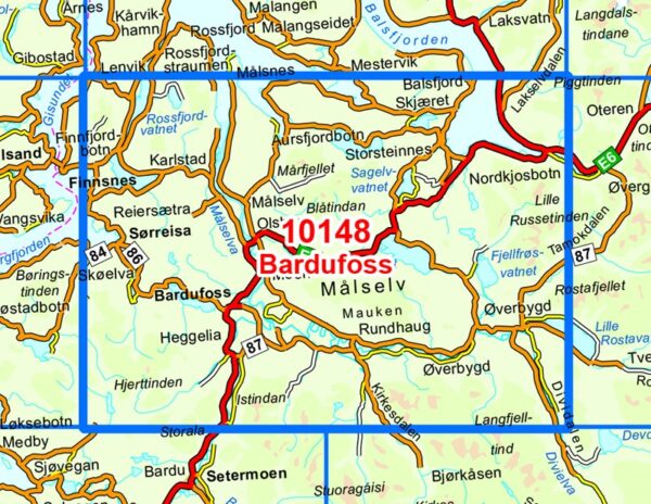 Topografische wandelkaart 10148 Bardufoss 1:50.000 7071940101488  Nordeca Norge Serien  Wandelkaarten Noors Lapland