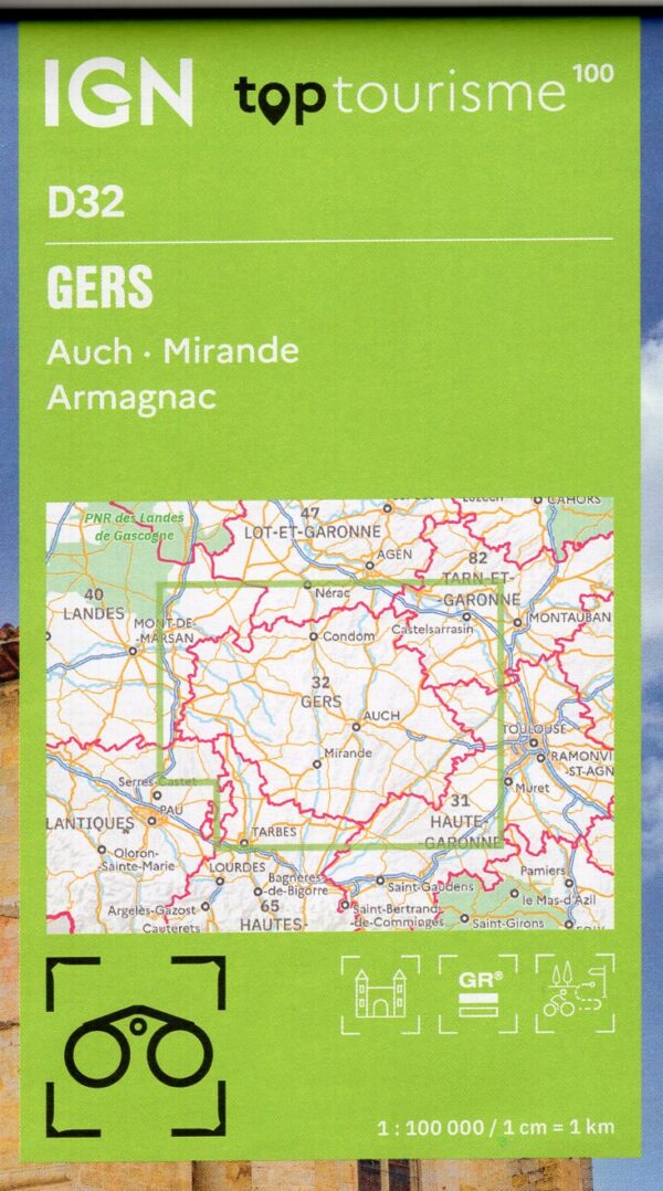 TCD-32 Gers, Auch | overzichtskaart / fietskaart 1:100.000 9782758555544  IGN TOP 100 Départemental  Fietskaarten, Landkaarten en wegenkaarten Lot, Tarn, Toulouse