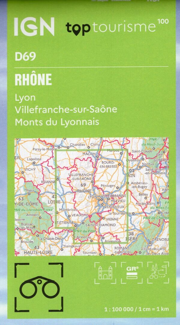 TCD-69 Rhône, Lyon | overzichtskaart / fietskaart 1:100.000 9782758555629  IGN TOP 100 Départemental  Fietskaarten, Landkaarten en wegenkaarten Lyon en omgeving