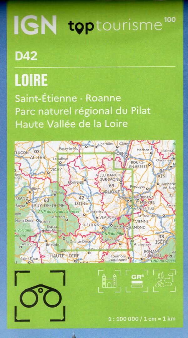TCD-42 Loire, St-Etienne, Roanne | overzichtskaart / fietskaart 1:100.000 9782758555704  IGN TOP 100 Départemental  Fietskaarten, Landkaarten en wegenkaarten Lyon en omgeving