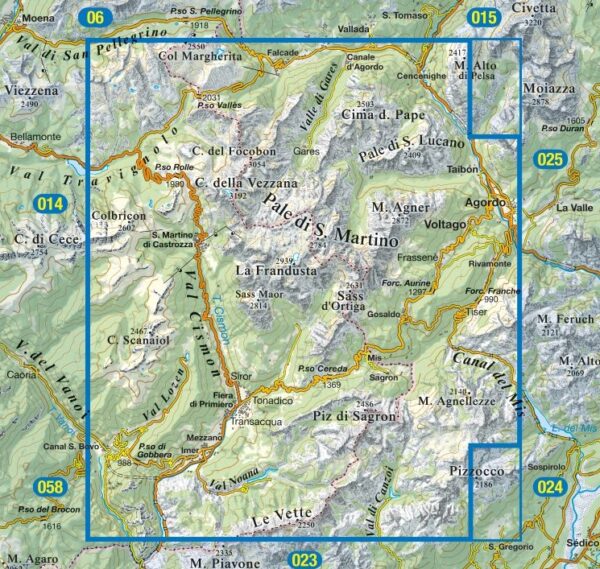TAB-022  Pale di San Martino | Tabacco wandelkaart 9788883151576  Tabacco Tabacco 1:25.000  Wandelkaarten Zuid-Tirol, Dolomieten