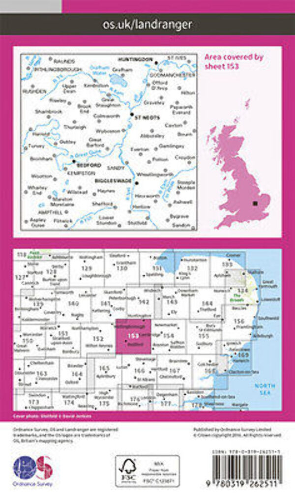 LR-153  Bedford, Huntingdon | topografische wandelkaart 9780319262511  Ordnance Survey Landranger Maps 1:50.000  Wandelkaarten Birmingham, Cotswolds, Oxford