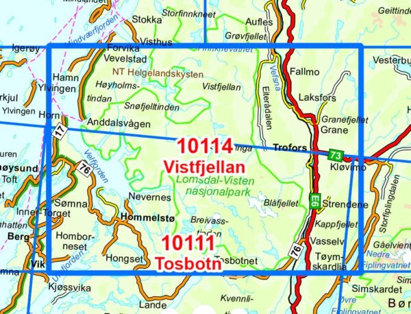 Topografische wandelkaart 10114 Lomsdal Visten 1:50.000 7071940101143  Nordeca Norge Serien  Wandelkaarten Midden-Noorwegen