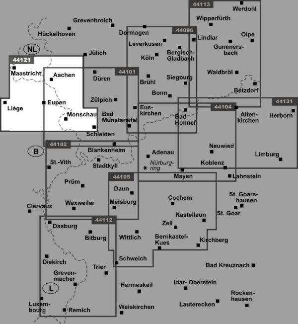 Euregio Aachen-Liege-Maastricht wandelkaart 1:50.000 (44121) 9783959650090  GeoMap Wandelkaarten Eifel  Wandelkaarten Aken, Keulen en Bonn, Wallonië (Ardennen)