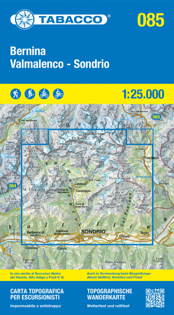 TAB-085  Bernina / Valmalenco / Sondrio wandelkaart 9788883151941  Tabacco Tabacco 1:25.000  Wandelkaarten Milaan, Lombardije, Italiaanse Meren