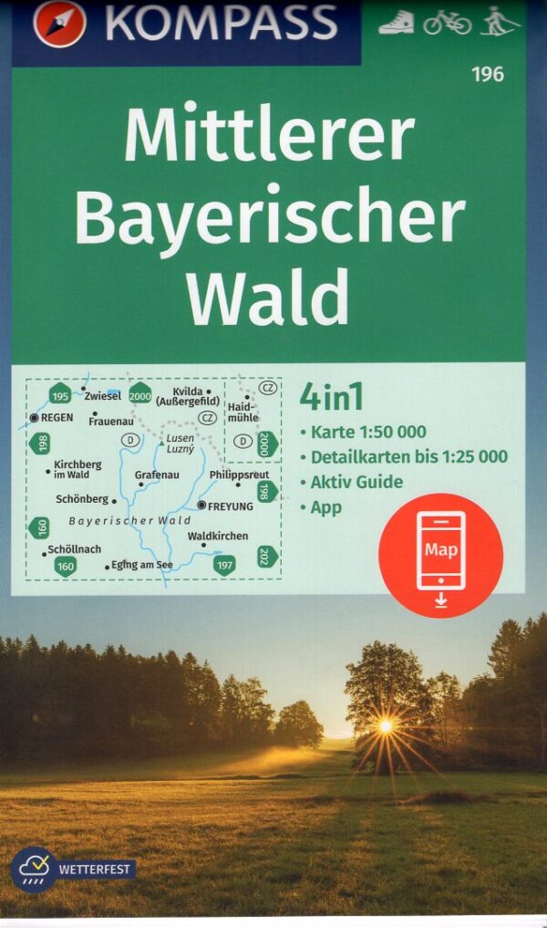 Kompass wandelkaart KP-196 Mittlerer Bayerischer Wald 9783991215080  Kompass Wandelkaarten Kompass Beierse Woud  Wandelkaarten Beierse Woud, Regensburg, Passau